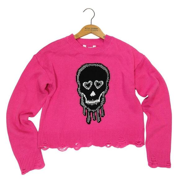 Vintage Y2K No Boundaries Skull Sweater Size S Pink Mall Goth Cropped 2000s - Picture 1 of 7